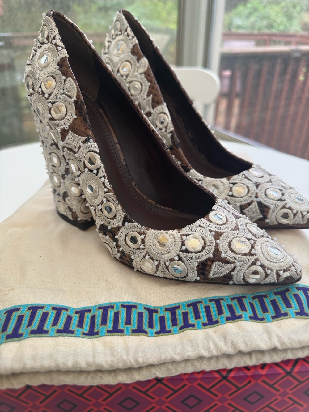 Tory Burch Multicolor Beige and Brown Geometric Pump